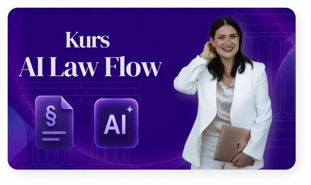 Kobieta z laptopem na tle grafiki kursu AI Law Flow dla prawników.